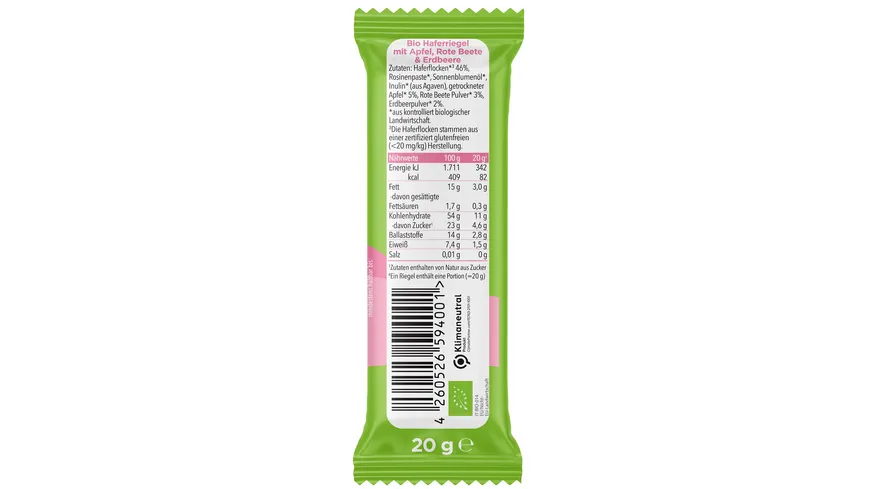 pumpkin organics Bio Haferriegel mit Apfel, Rote Beete & Erdbeere 20 g