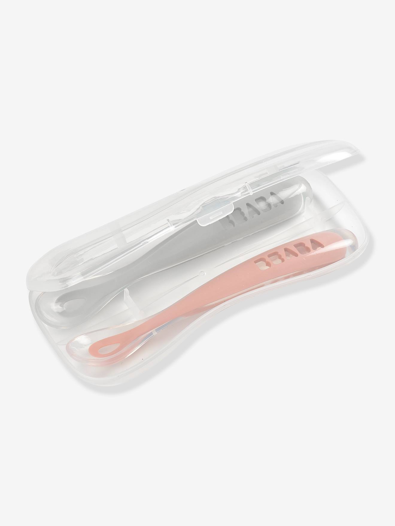 Lot de 2 cuillères ergonomiques d'apprentissage + boîte de transport BEABA rose/gris