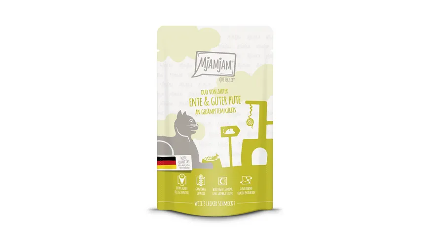MjAMjAM Katzennassfutter Quetschie Duo von zarter Ente & guter Pute an gedämpftem Kürbis 125 g