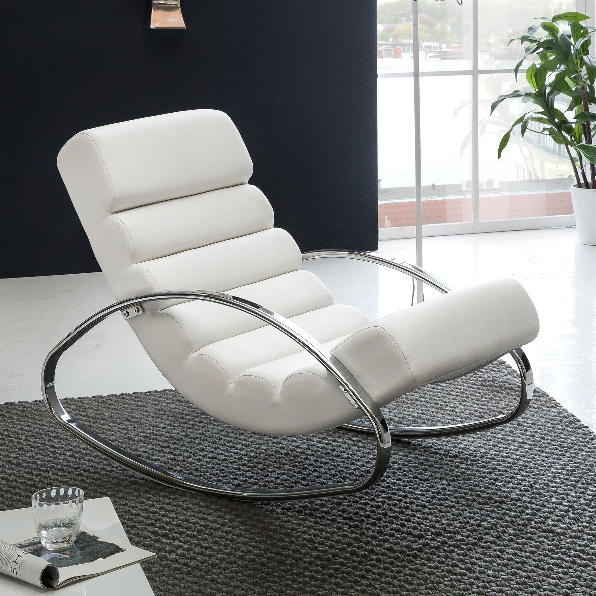 FINEBUY Schaukelstuhl SuVa4025_1 (Relaxliege Kunstleder Weiß 61x81x111 cm Wohnzimmer), Relaxsessel mit Armlehnen, Fernsehsessel Modern