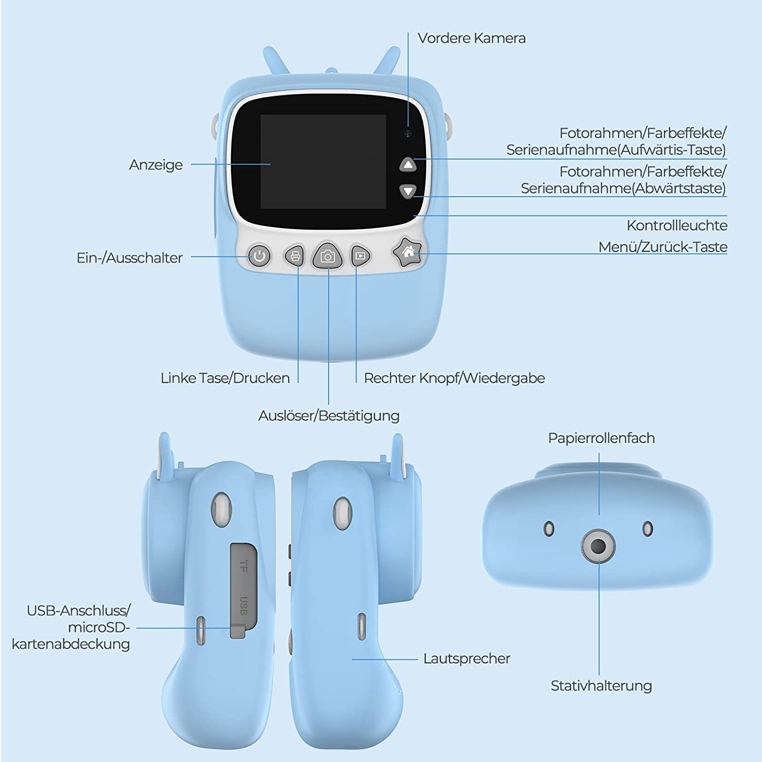 Fine Life Pro Kinder-Sofortbildkamera, 30MP 1080P, schwarz-weiß Druck, Kinderkamera (30 MP, 2,4 Zoll Display, 32GB Speicher, Dual-Kamera, blaues Geschenkidee)