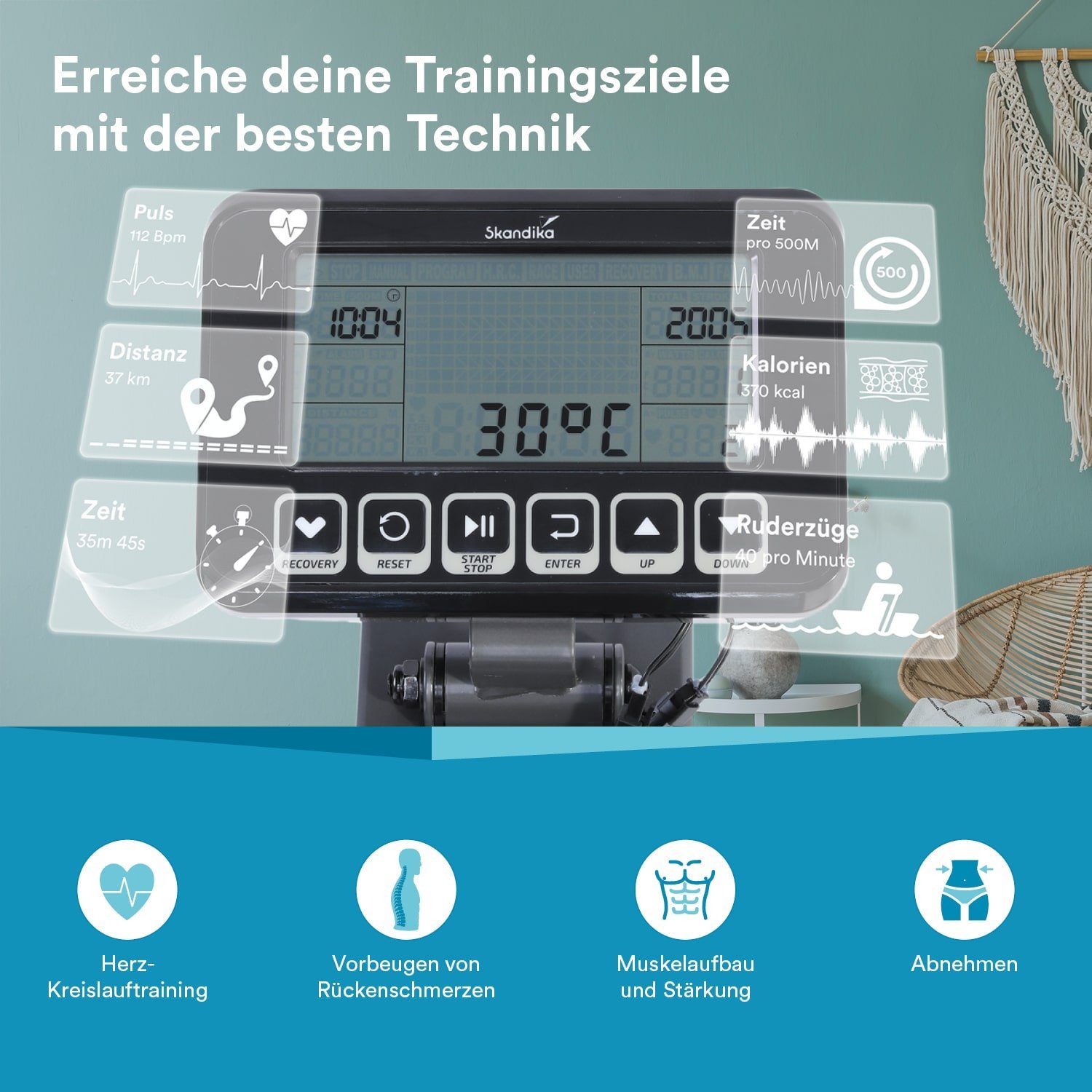 Skandika Rudergerät Nemo Compact, Wasser Rudergerät klappbar, Bluetooth, App kompatibel, bis 130 kg