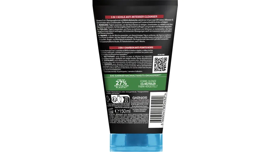 Garnier Hautklar 3in1 Anti Mitesser für fettige, zu Mitessern neigenden Haut 150 ml