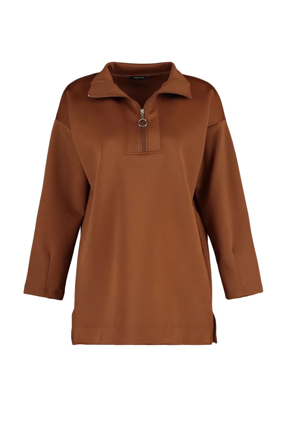 Trendyol Modest  Braunes Sweatshirt mit Reißverschluss und detailliertem Tauch-/Scuba-Strickpullover TCTAW23TW00198