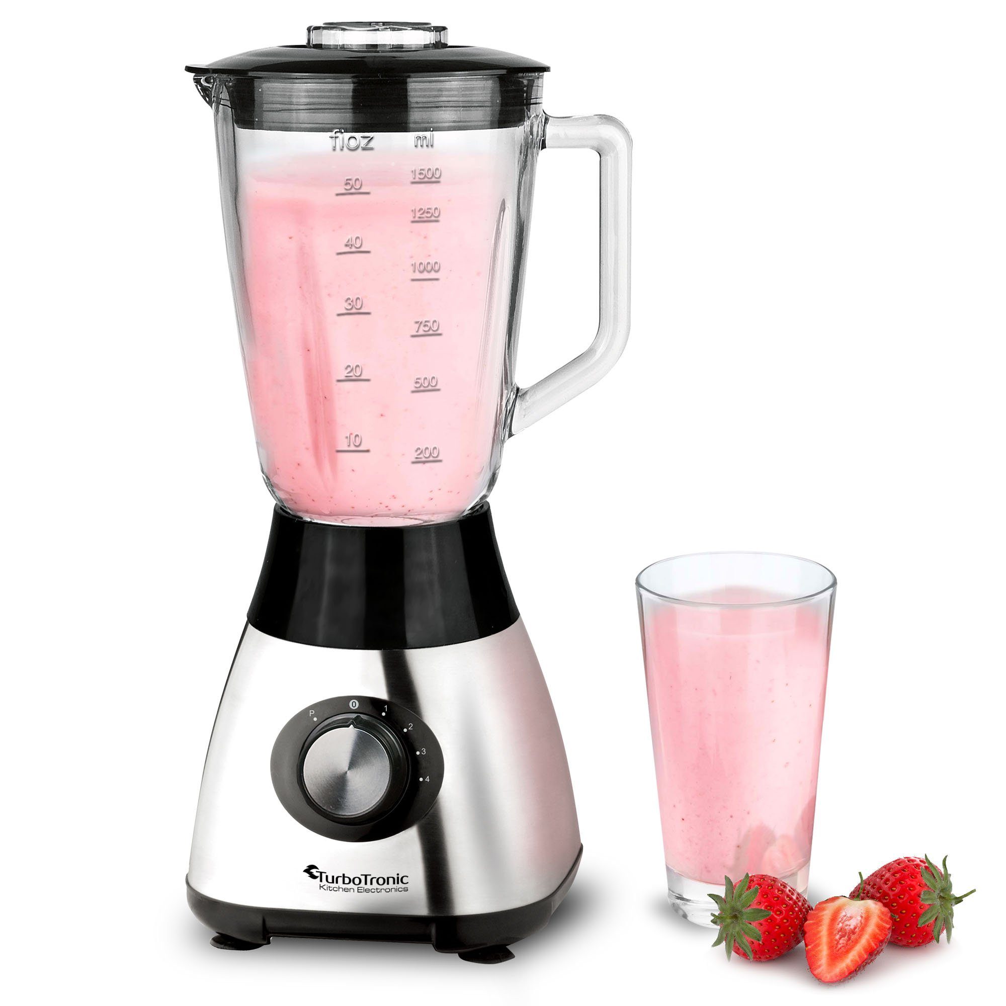 TurboTronic by Z-Line Standmixer BG5 - 1200 Watt mit 1,5L Glasbehälter, 1200 W, Edelstahl Glas Smoothie Mixer Maker Ice Crush Funktion Blender