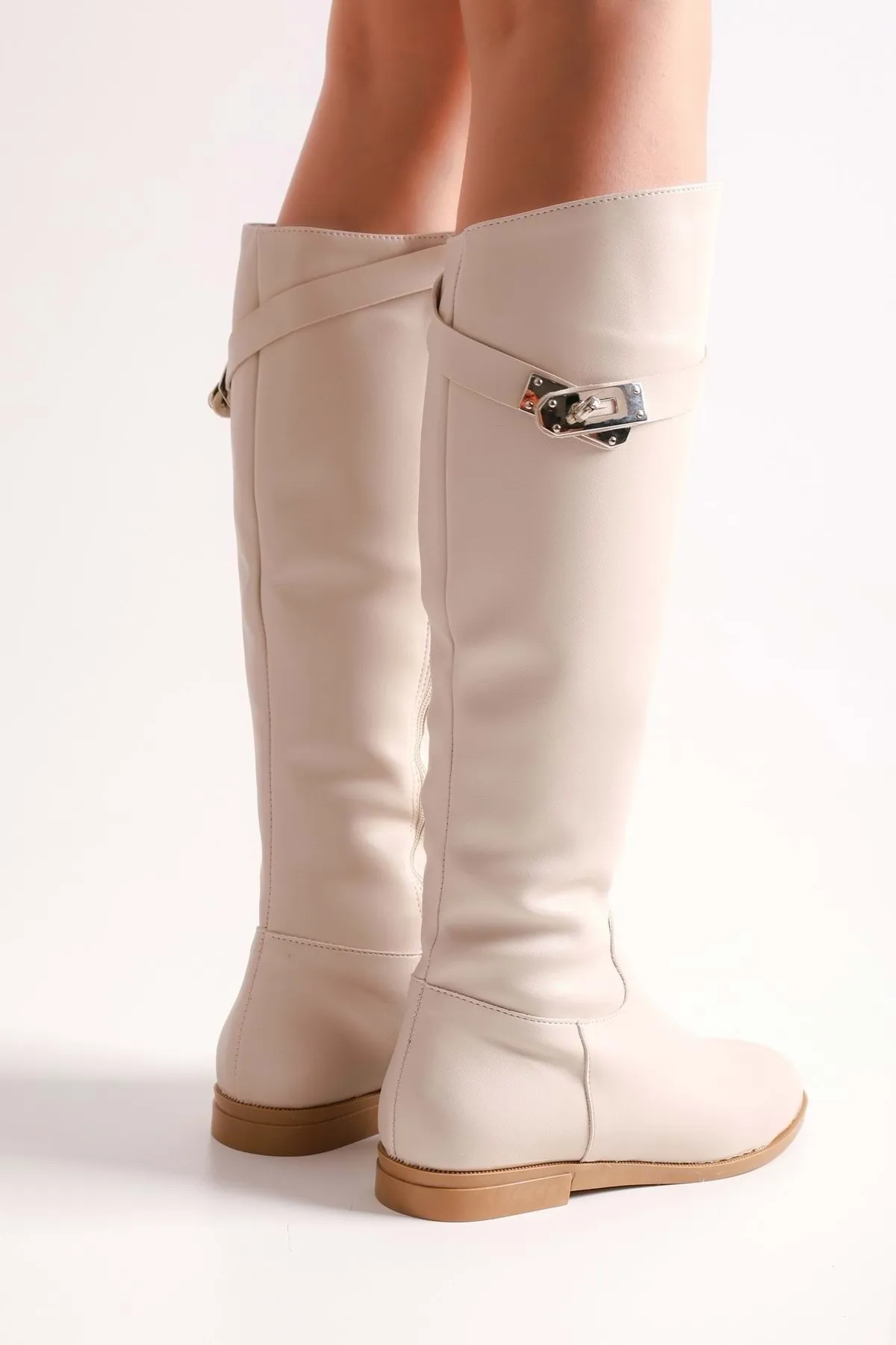 Shoeberry  Damen Meroni Beige Lederschnallenstiefel Beige Leder
