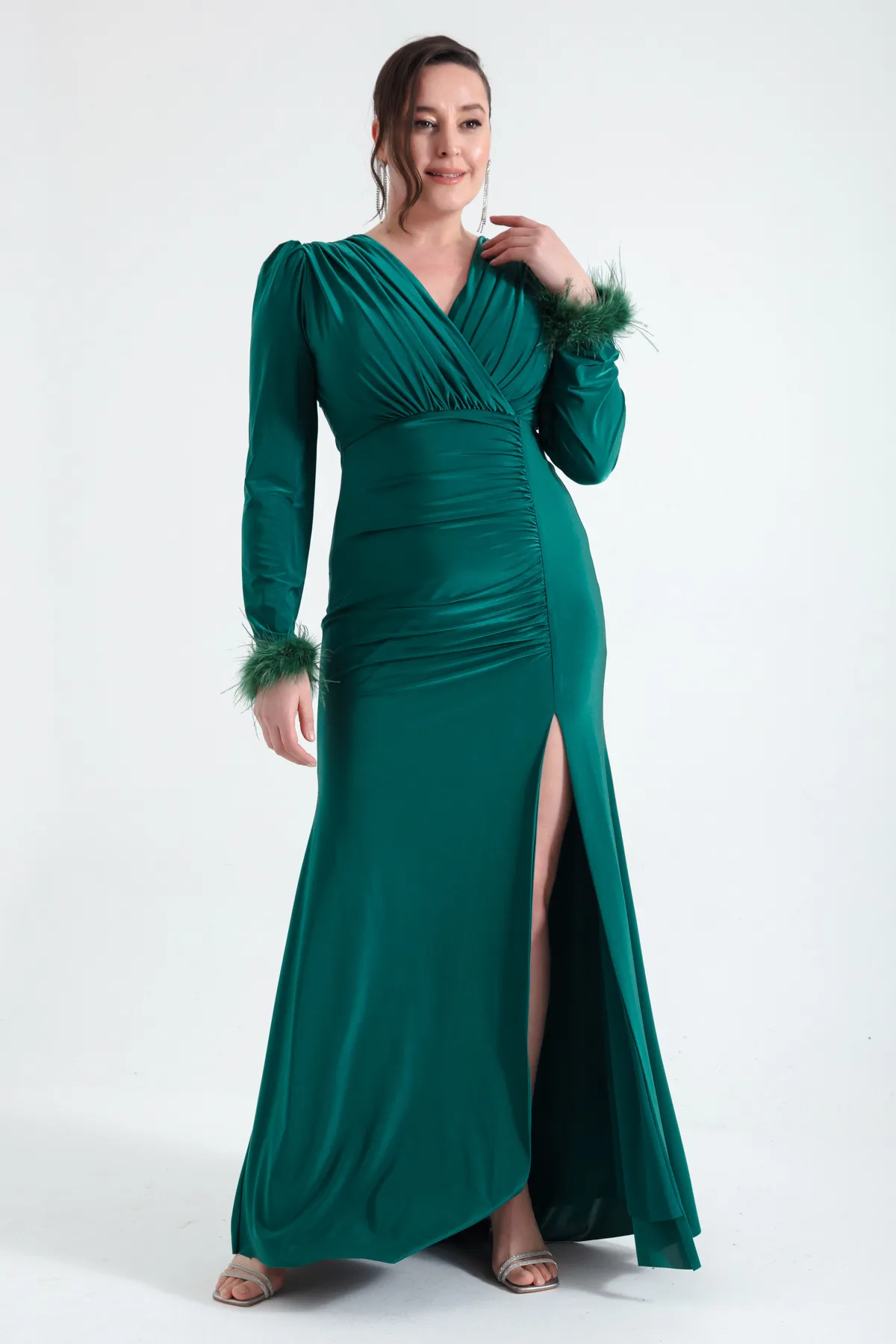 Lafaba  Smaragdgrünes Abendkleid für Damen, zweireihig, mit Kragen, Ärmeln und Federschlitz, Übergröße