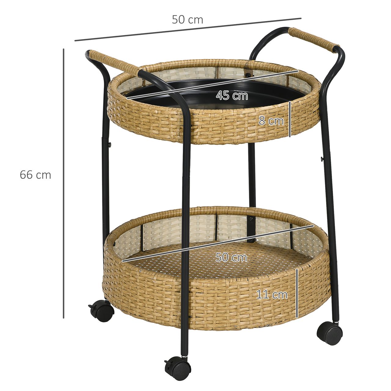 Outsunny Servierwagen Rattan Gartenrollwagen Trolley mit 2 Regalen Natur