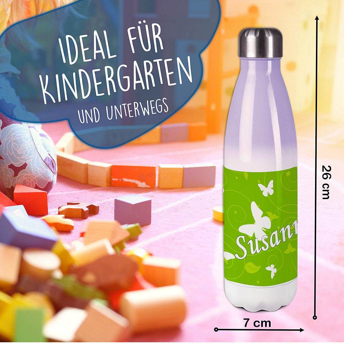 Edelstahl Kinder Thermoflasche / Trinkflasche bunt Schmetterling Ornamente Farbe grün Spülmaschinenfest, Auslaufsicher, Bruchfest, Doppelwandig, Für Heißgetränke geeignet, Mit Deckel, Isoliert