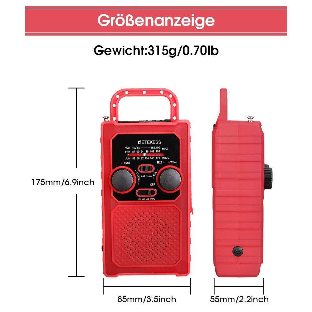 Retekess TR201 tragbares Notfallradio IPX3 wasserdicht, 5000mAh AM/FM Notfallradio (IPX3 wasserdicht, 5000mAh Wiederaufladbare Batterie, SOS-Alarm)