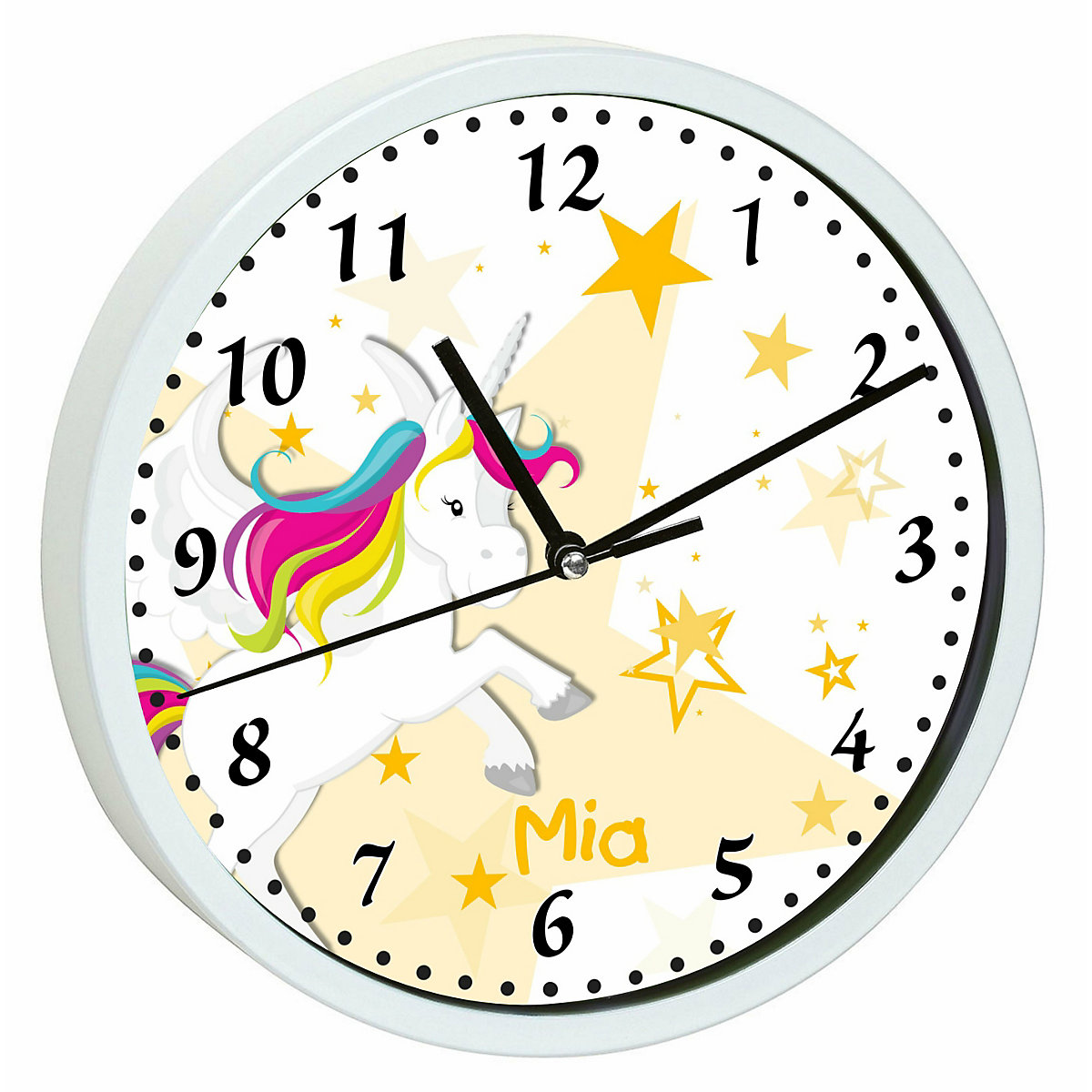 Kinder Wanduhr personalisiert mit Name Pegasus Sterne Gelb