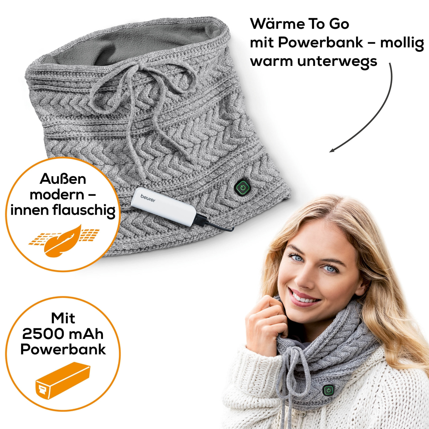 Beurer Schlauchschal mit Powerbank HK 37 To Go-Beheizter Schlauchschal mit abnehmbarer Powerbank & 3 Wärmestufen