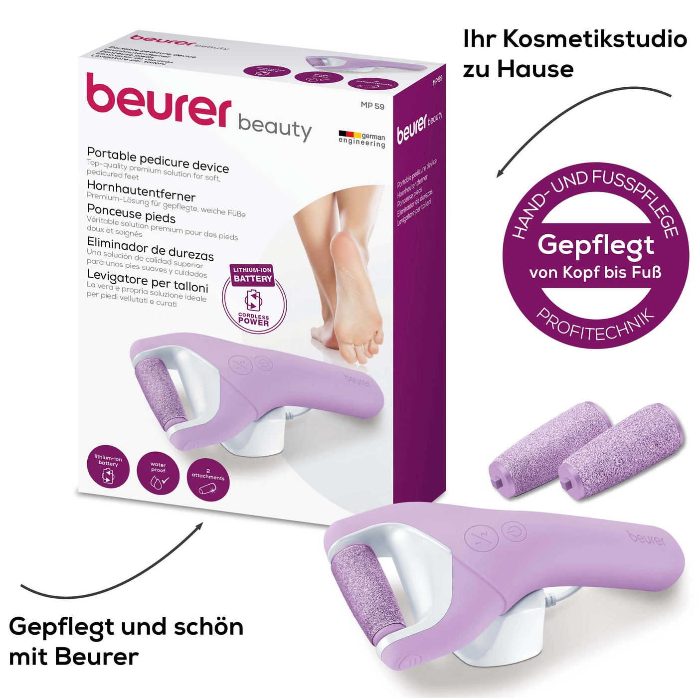 Beurer Hornhautentferner MP 59 Wet & Dry-Hornhautentferner für weiche Füße - 1 feiner & grober Aufsatz mit Diamantbeschichtung