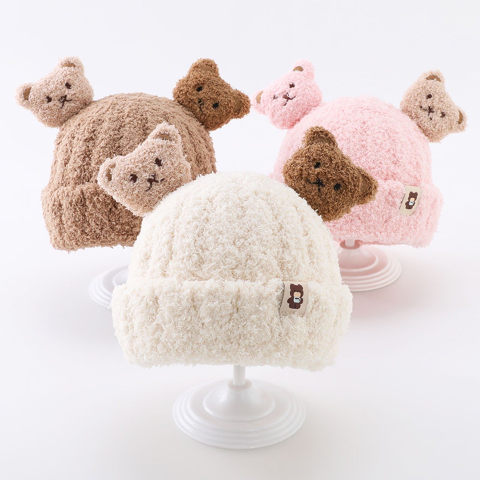 Rutaqian Mütze & Schal Kindermütze Set aus Plüschmütze und Schal (Baby-Plüsch-Ohrkappen Kopfumfang 44-50 cm, Bär dekorative verdickte weiche Winteraccessoires für Kinder) Süße Baby-Strickmütze für Herbst und Winter, warme Kinder-Wollmütze
