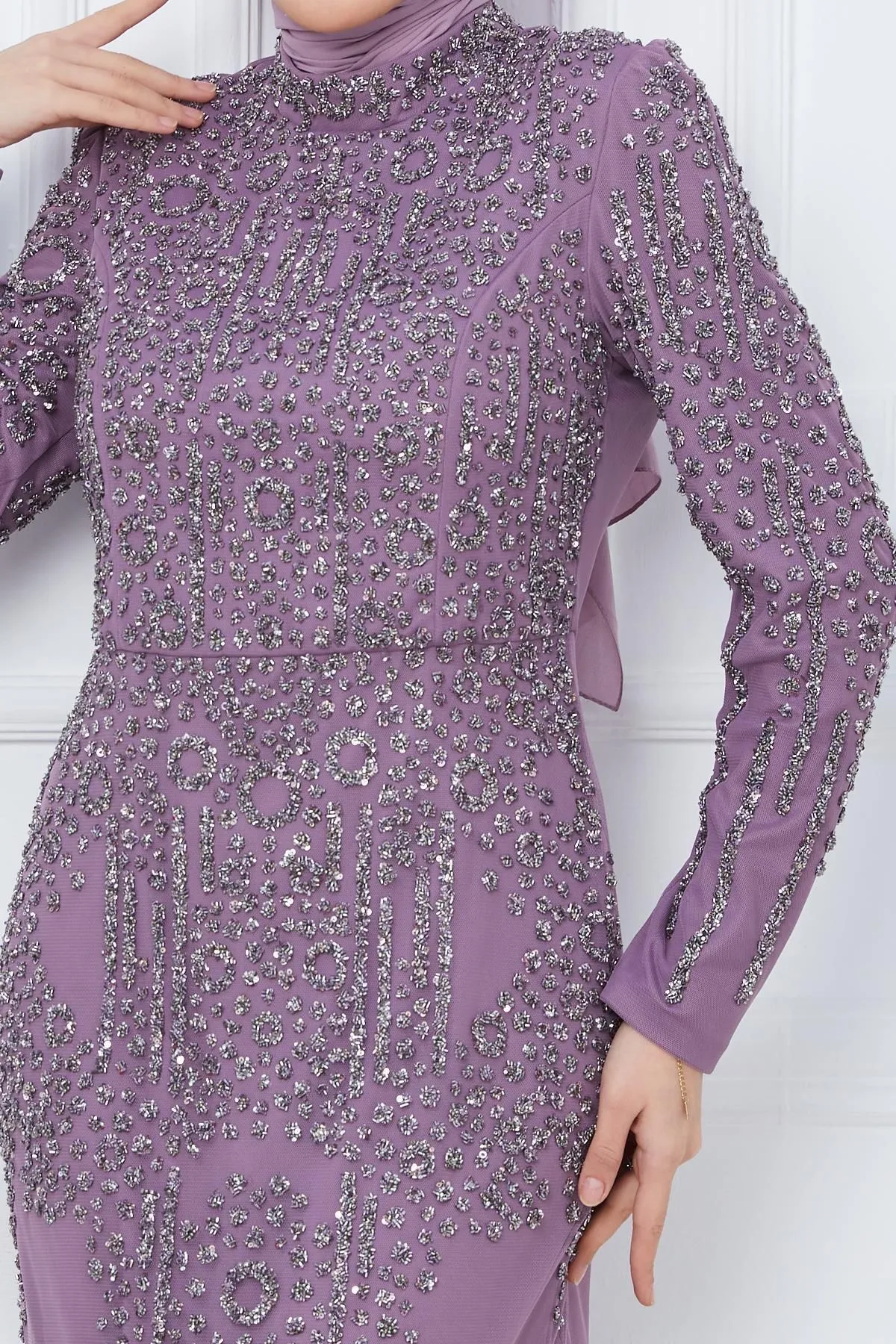 Olcay  Mit Perlen und Steinen besetztes Tüll-Hijab-Abendkleid LILA 1663