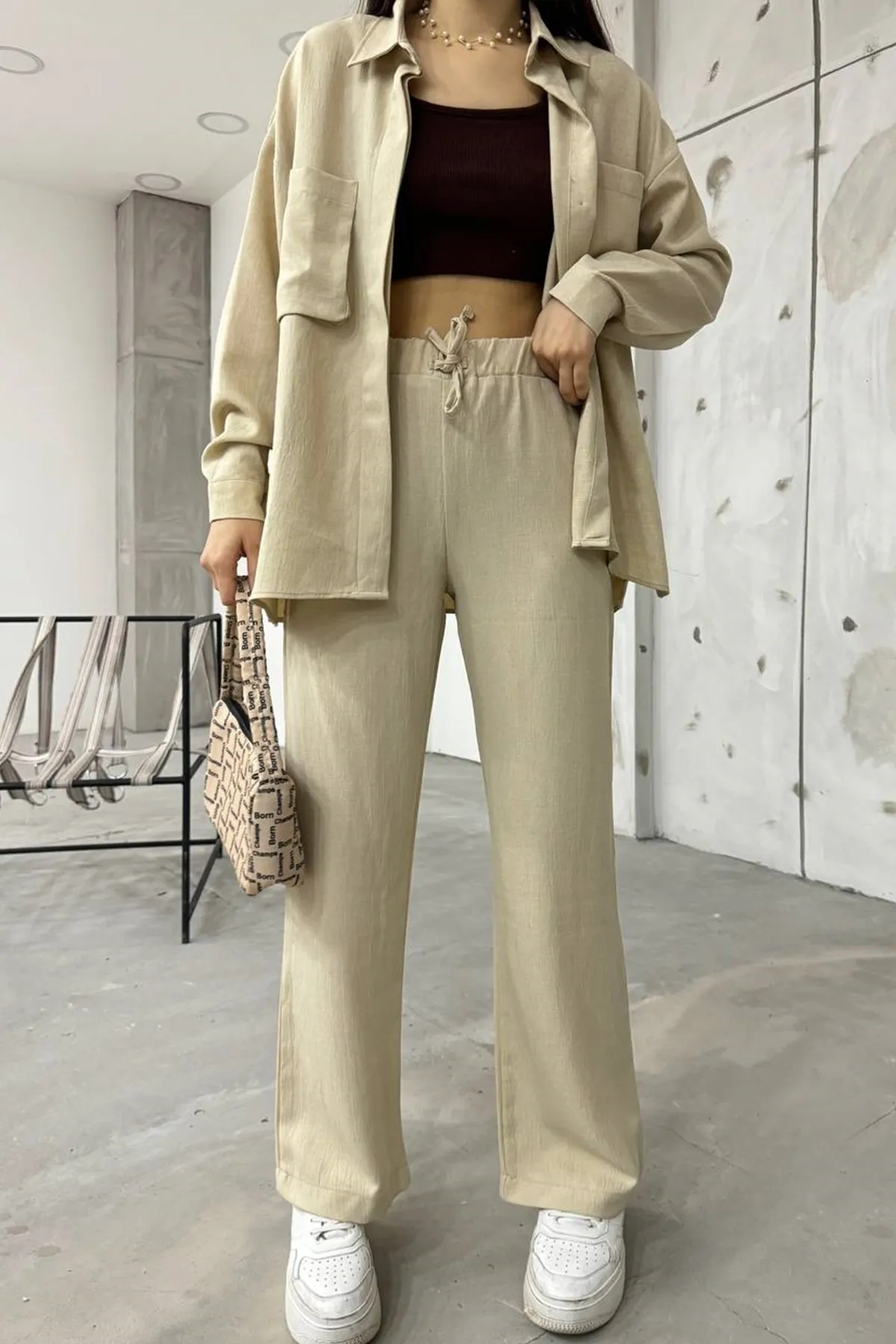 lovebox  Damen Leinenstoff Balgtasche Detail Hemd und Hose Beige Übergröße Doppel Set 12093
