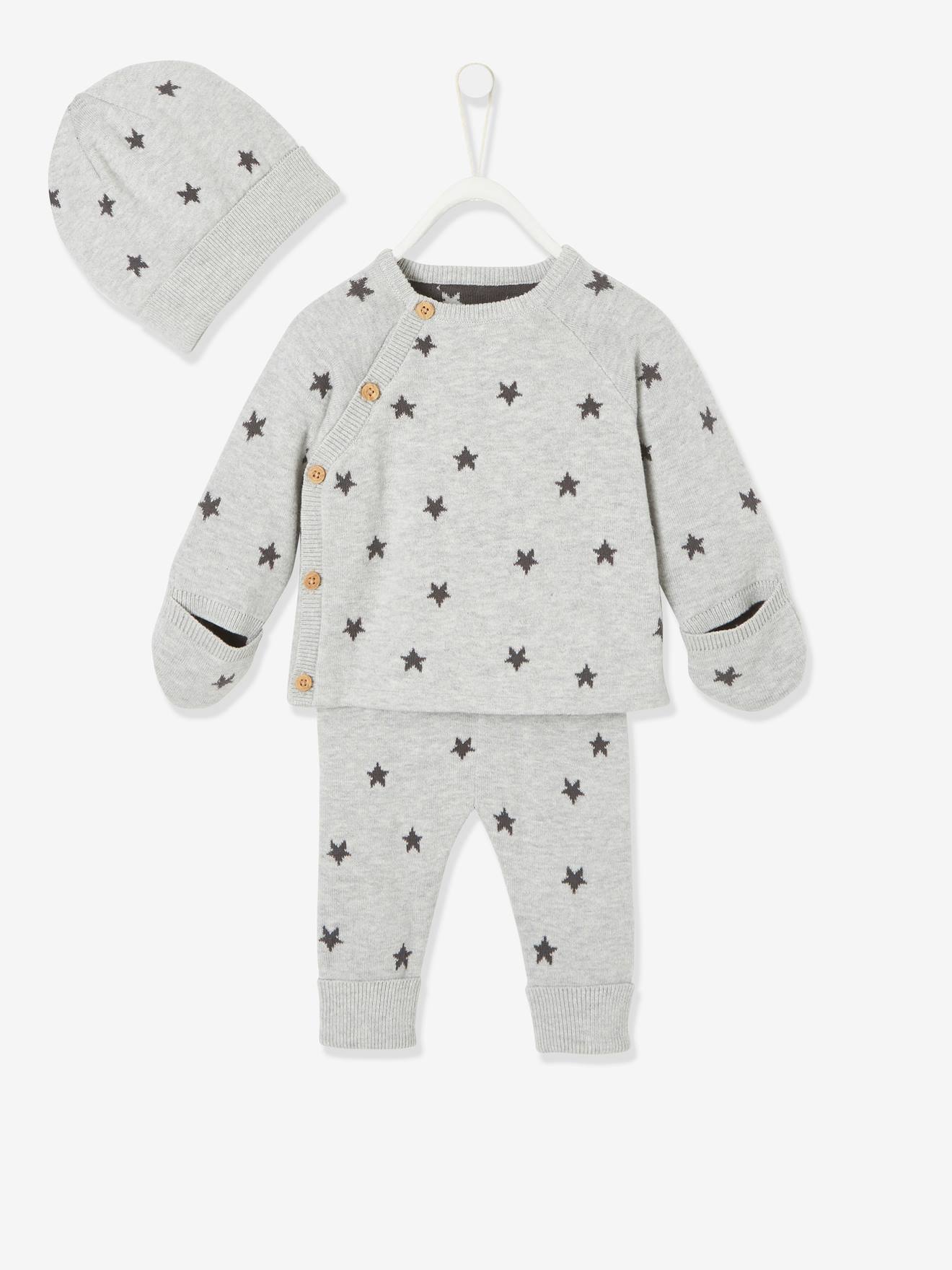 Ensemble 4 pièces bébé : pull + pantalon + bonnet + moufles gris clair chiné