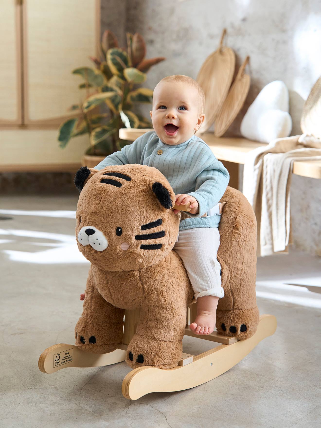 Tigre à bascule bébé en bois FSC® jaune