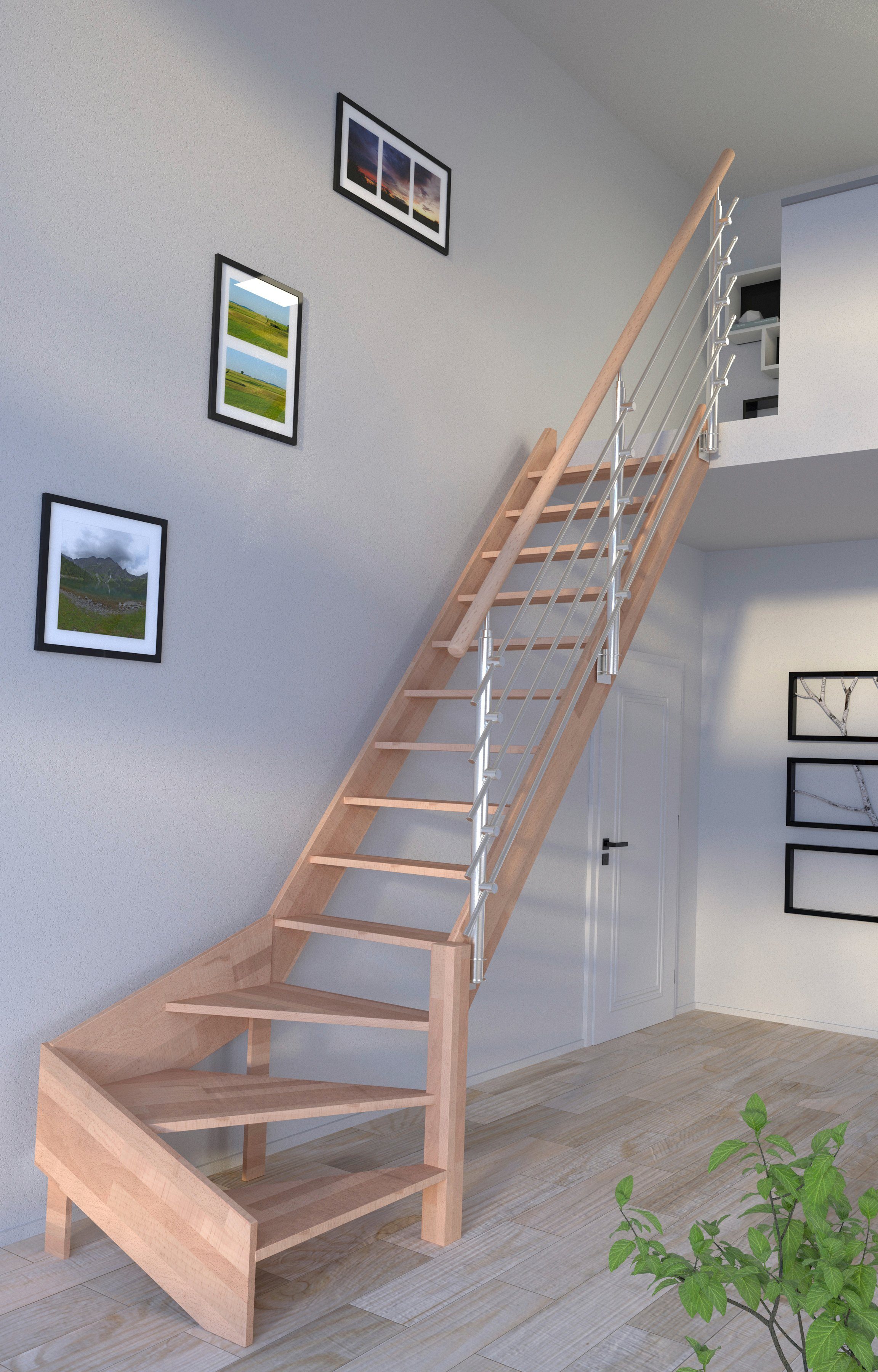 Starwood Raumspartreppe Massivholz Rhodos, Design-Geländer Edelstahl, für Geschosshöhen bis 300 cm, Stufen offen, gewendelt Rechts, Durchgehende Wangenteile