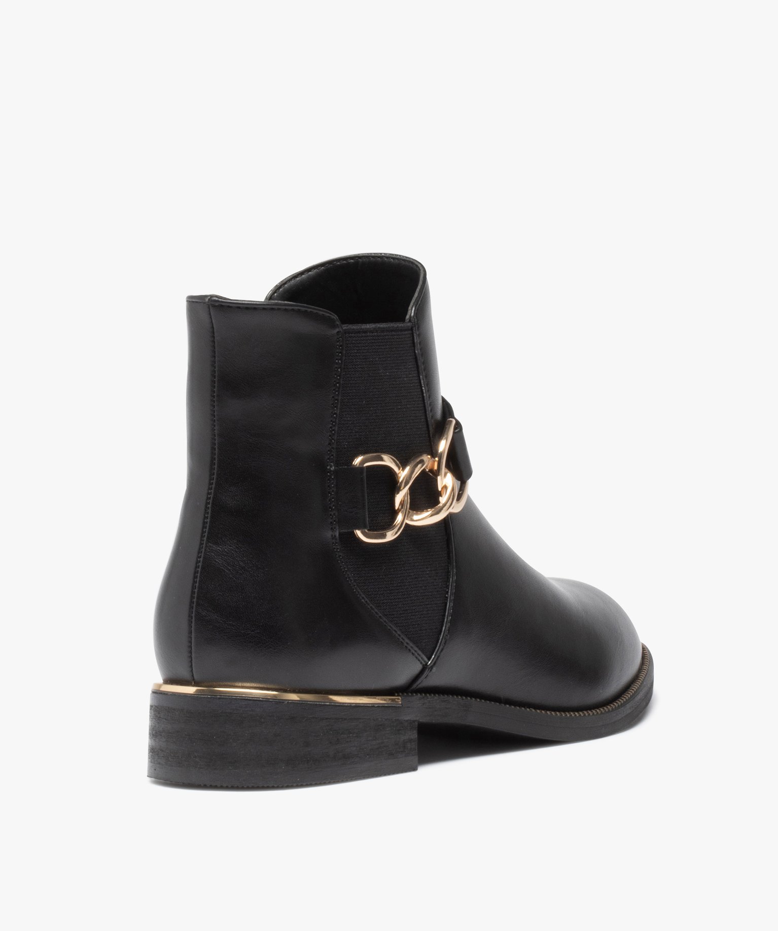 Boots femme unies à talon plat et chaine métallique noir | GEMO
