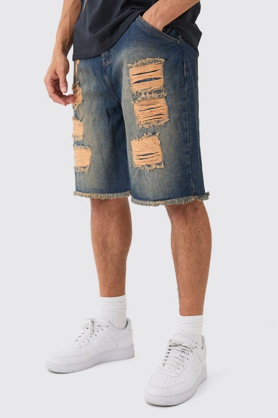 Lockere Jeansshorts mit Rissen in Vintage Blau