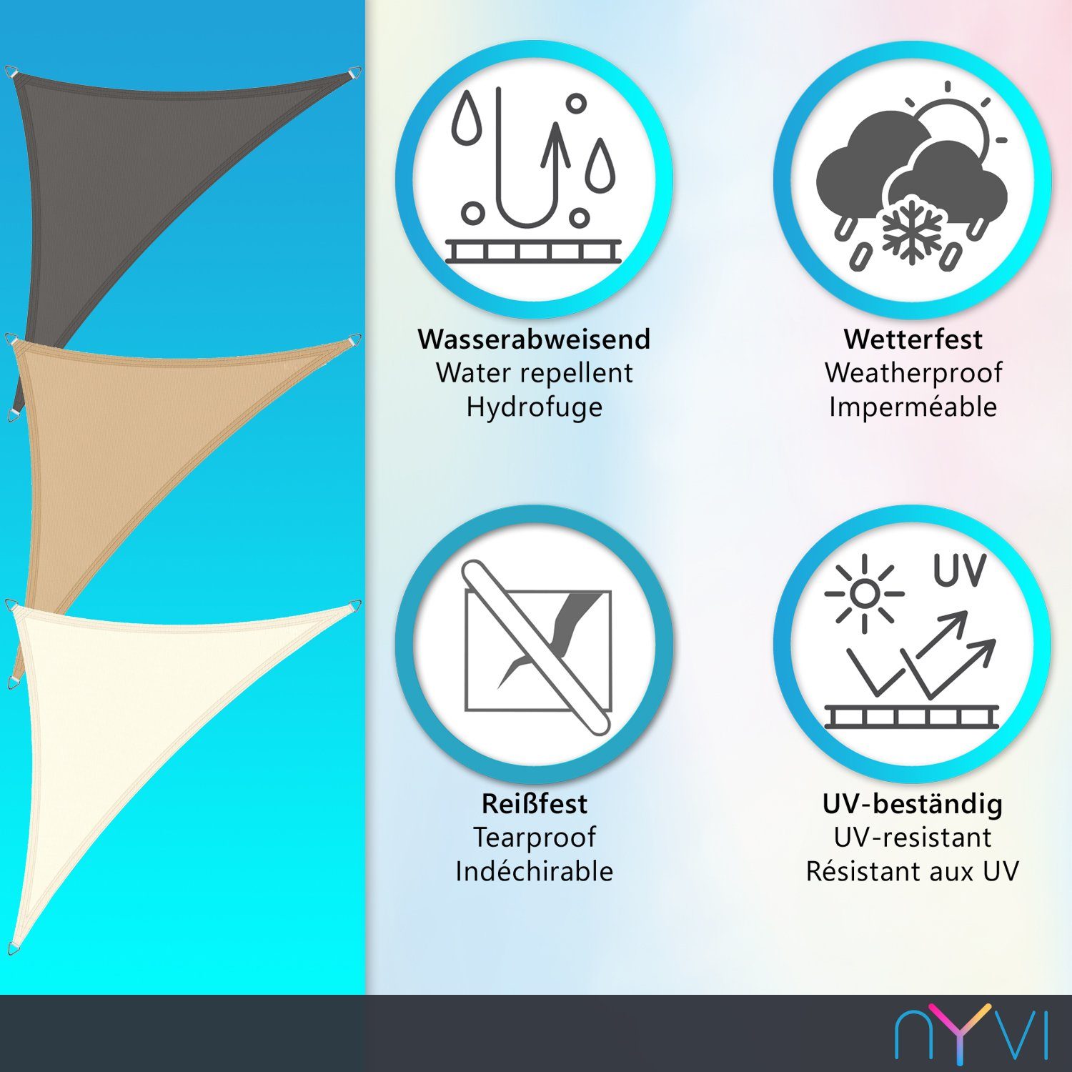 NYVI Sonnensegel Sonnensegel NYVISun - 90% UV-Schutz, wasserdichtes Polyester Gewebe, (1-tlg), Dreieck Dreieckig, Sonnenschutz für Balkon Garten Terrasse Wohnwagen