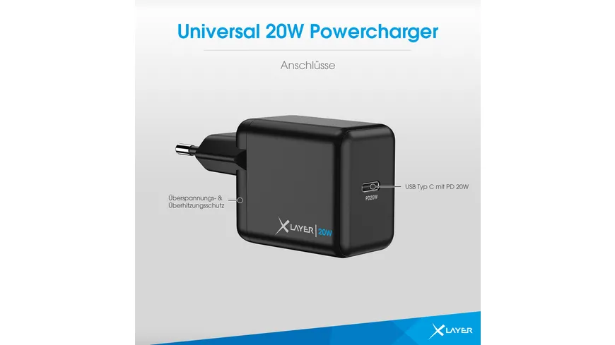 XLayer Ladegerät Single USB Typ C PD 20W Schwarz