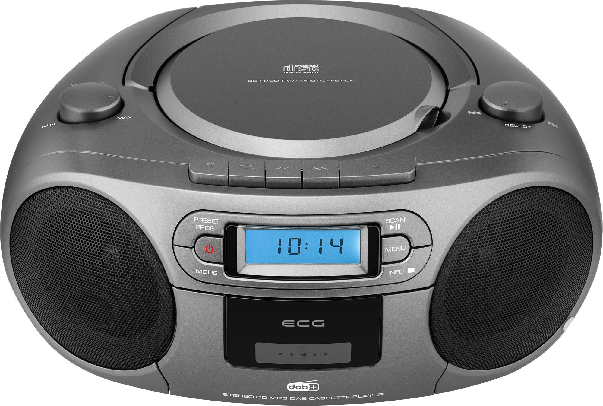 ECG CDR 999 Digitalradio (DAB) (Digitalradio (DAB), FM Digital Tuner, Kassettenplayer, CD-Player, MP3 / WMA-Musikwiedergabe vom USB-Laufwerk, 3,00 W, Abspielen von Kassetten, CDs und USB-Sticks, Digitalradio hören, Netz- und Batteriebetrieb)