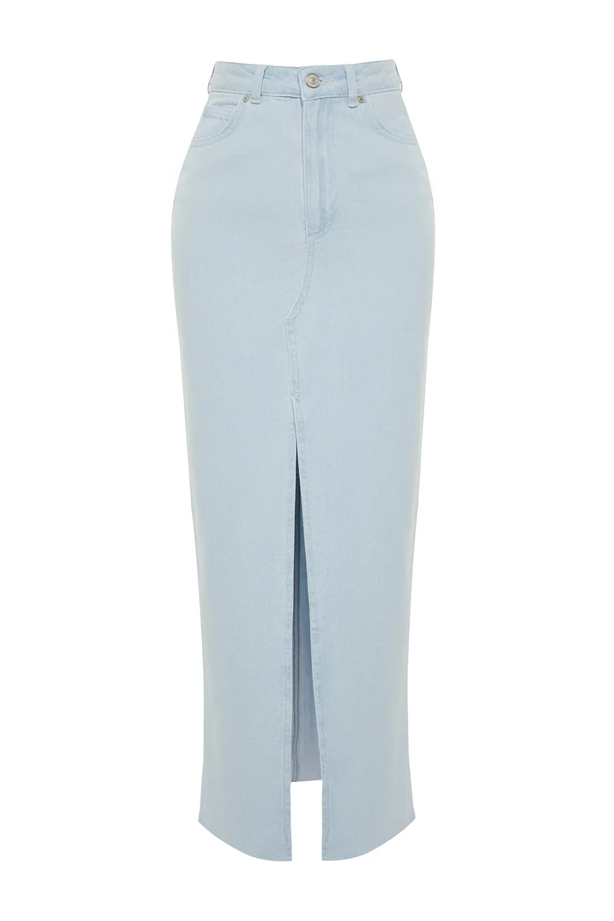Trendyol Collection  Hellblauer, geschlitzter Maxi-Jeansrock mit hoher Taille TWOSS24ET00014