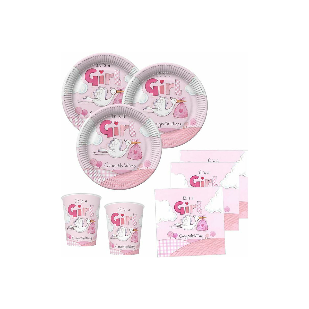 XXL Storch Baby Shower Deko Set Rosa 151 Teile für 16 Personen mit Ballongirlande