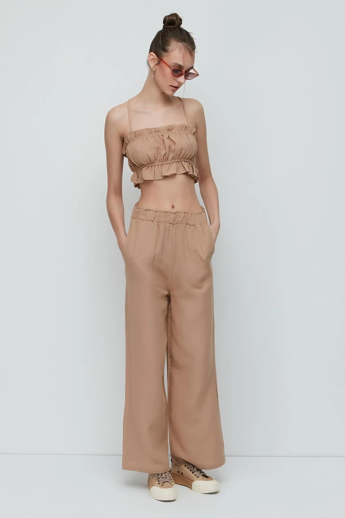 C&City  Crop-Bustier-Hosen-Set aus Bio-Baumwoll-Musselin 9124 Beige