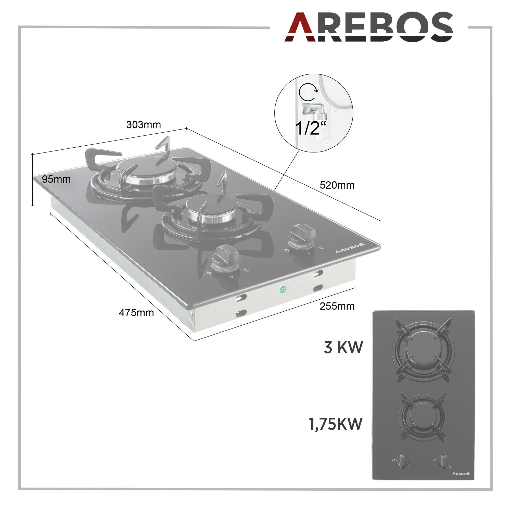 Arebos Gas-Kochfeld Glas 30 cm AR-HE-GH30CM, Geeignet für Erdgas und Propangas, Gaskochfeld Gasherd