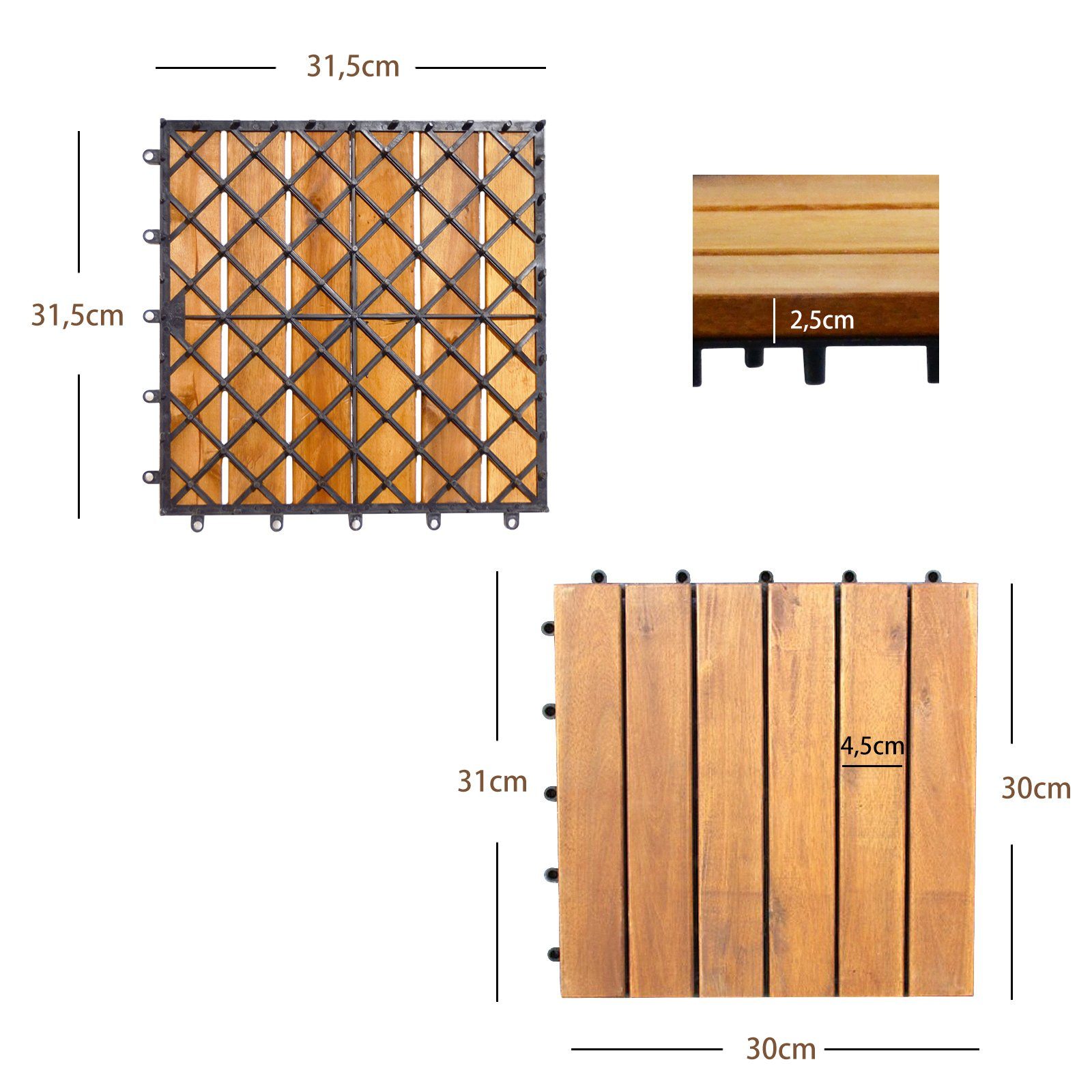 COSTWAY Holzfliesen, 27St. Klickfliesen, aus Akazienholz, 30 x 30 x 2,4 cm