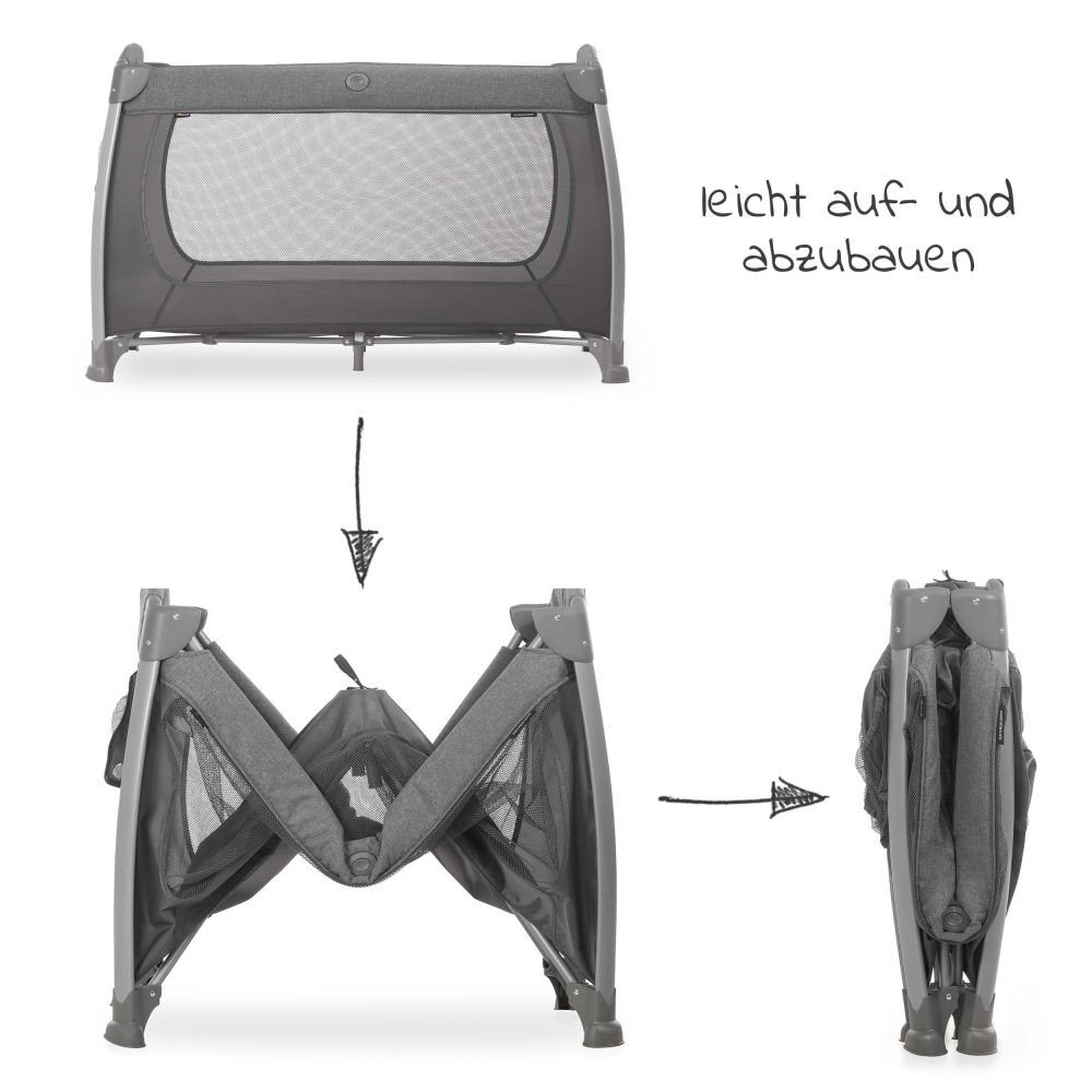 Hauck Baby-Reisebett Play'n Relax Center - Melange Charcoal, 7-tlg., Kinderreisebett mit Matratze, Insektenschutz, Wickelauflage - faltbar