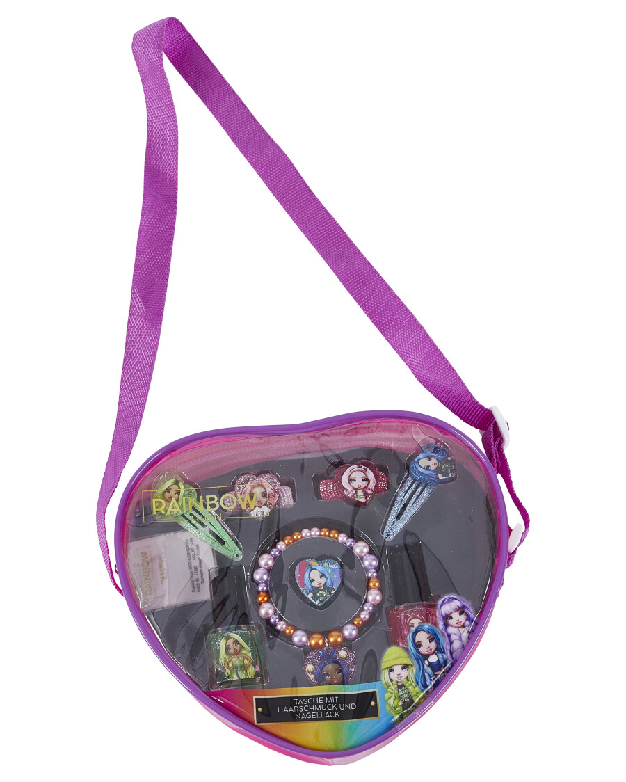 Tasche mit Haarschmuck und Nagellack