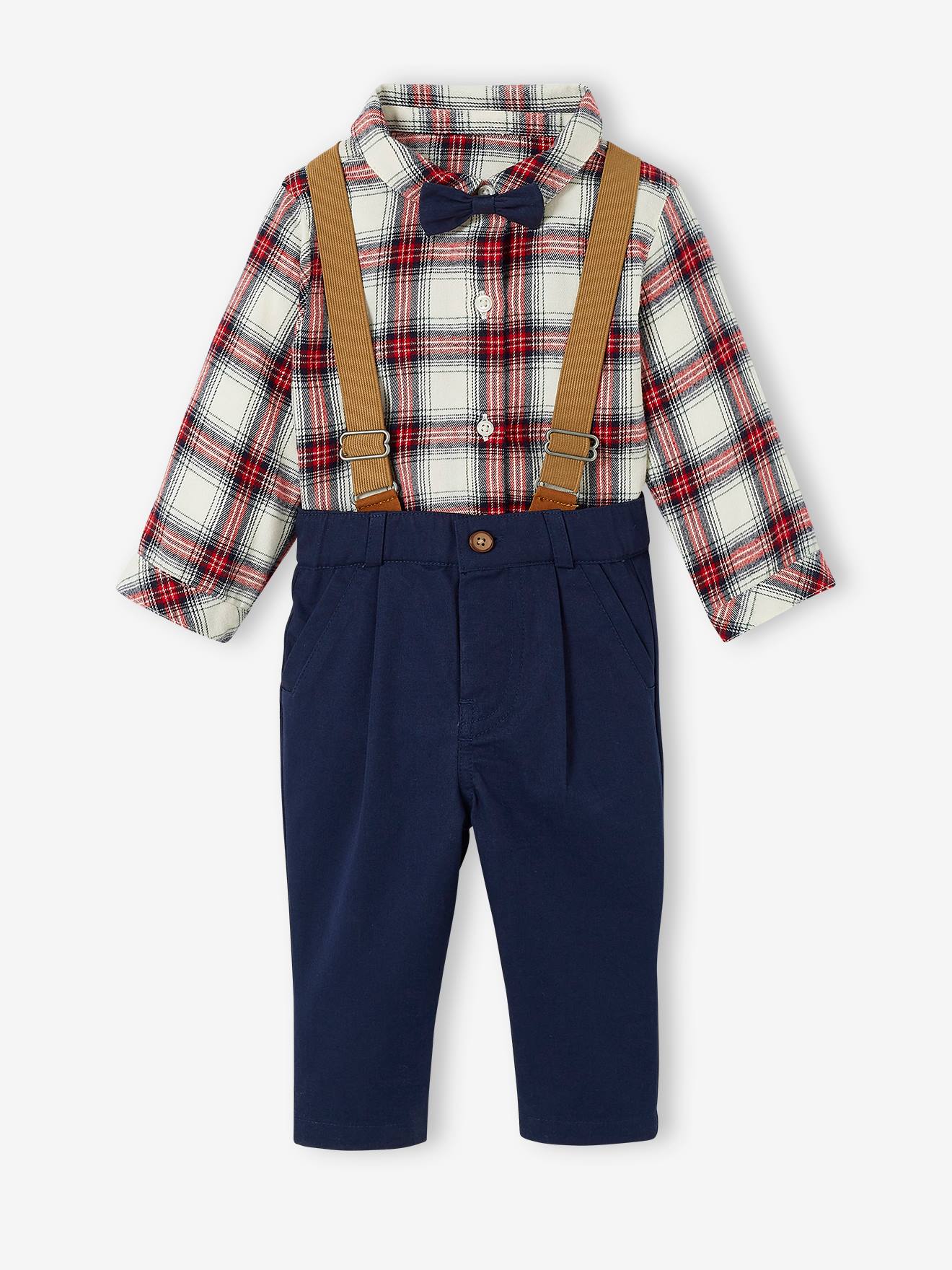 Ensemble bébé chemise + pantalon à bretelles + noeud papillon écru