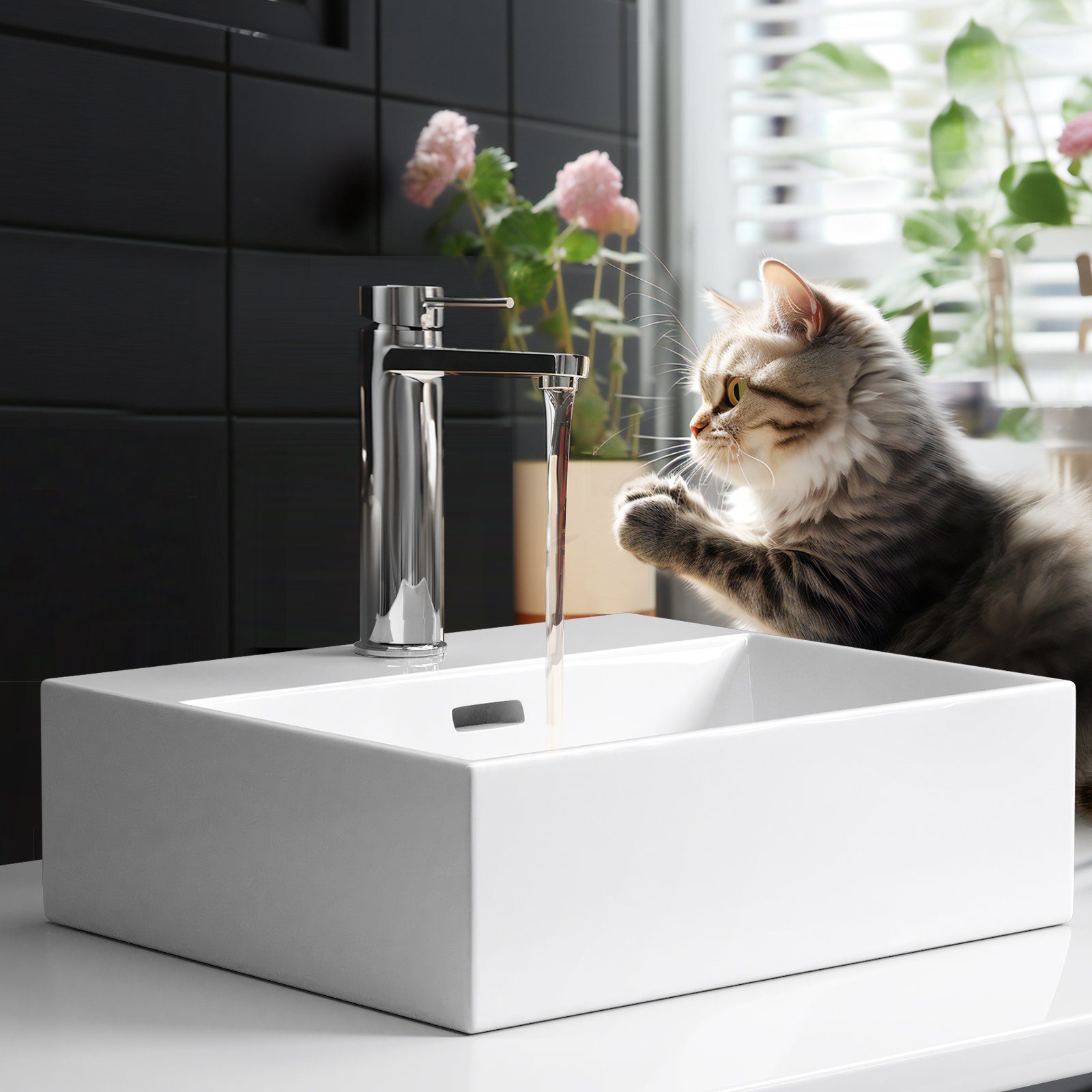 EMKE Aufsatzwaschbecken Keramik Waschbecken Eckiger Hängewaschbecken Waschtisch, Modernes Design fürs Badezimmer mit Hahnlöcher Weiß Glänzend