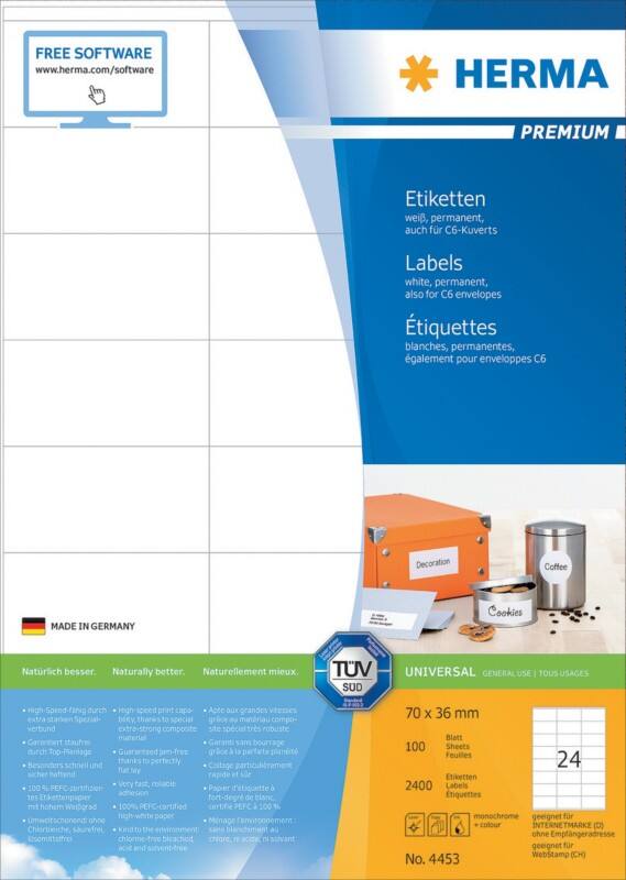 HERMA Universaletiketten 4453 Weiß DIN A4 70 x 36 mm 100 Blatt à 24 Etiketten