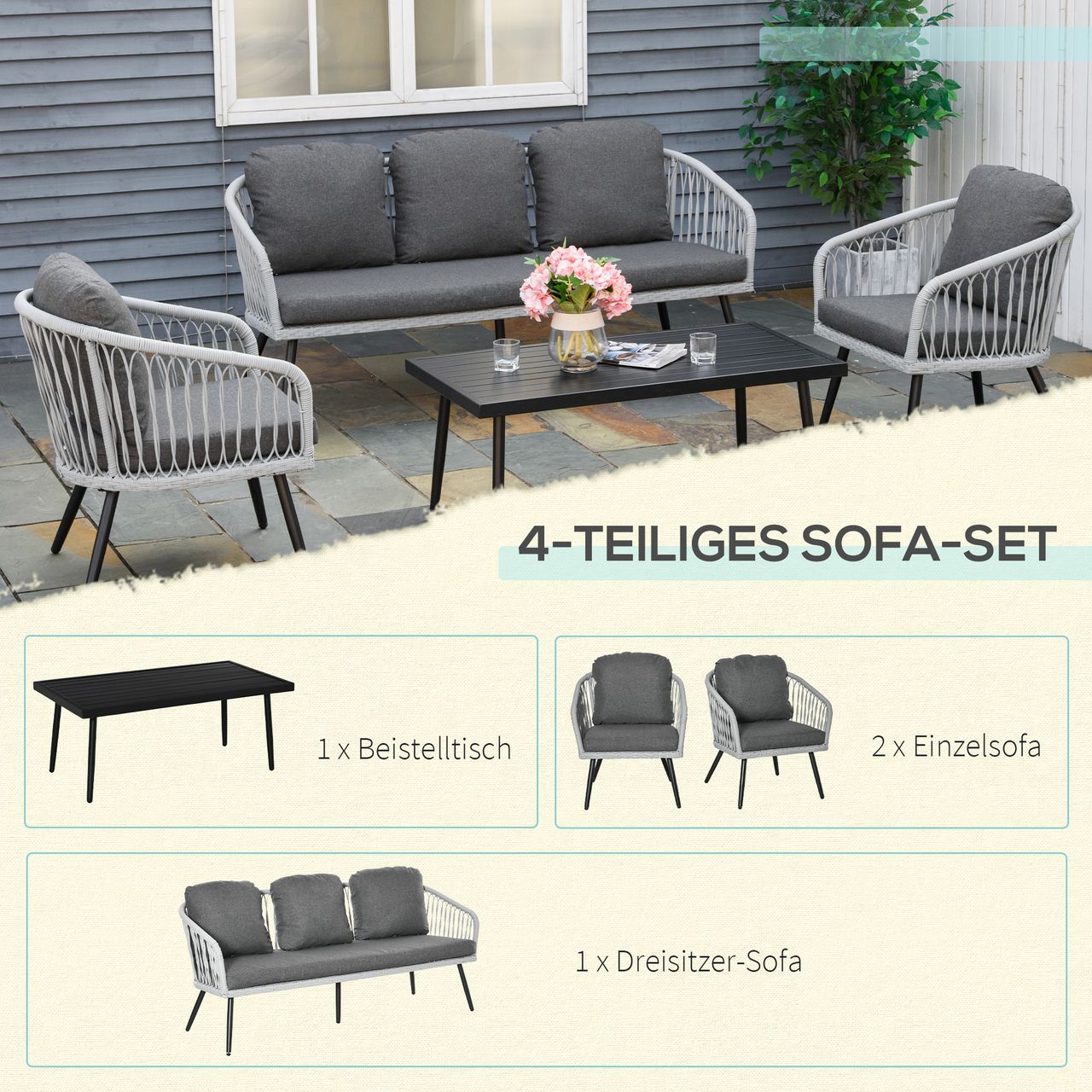 Outsunny Polyrattan Gartenmöbel Set 4-teiliges Rattensofa-Set Sitzgruppe Sitzgarnitur für Pause Lounge Teetisch mit Sofa Kissen Aluminium Grau