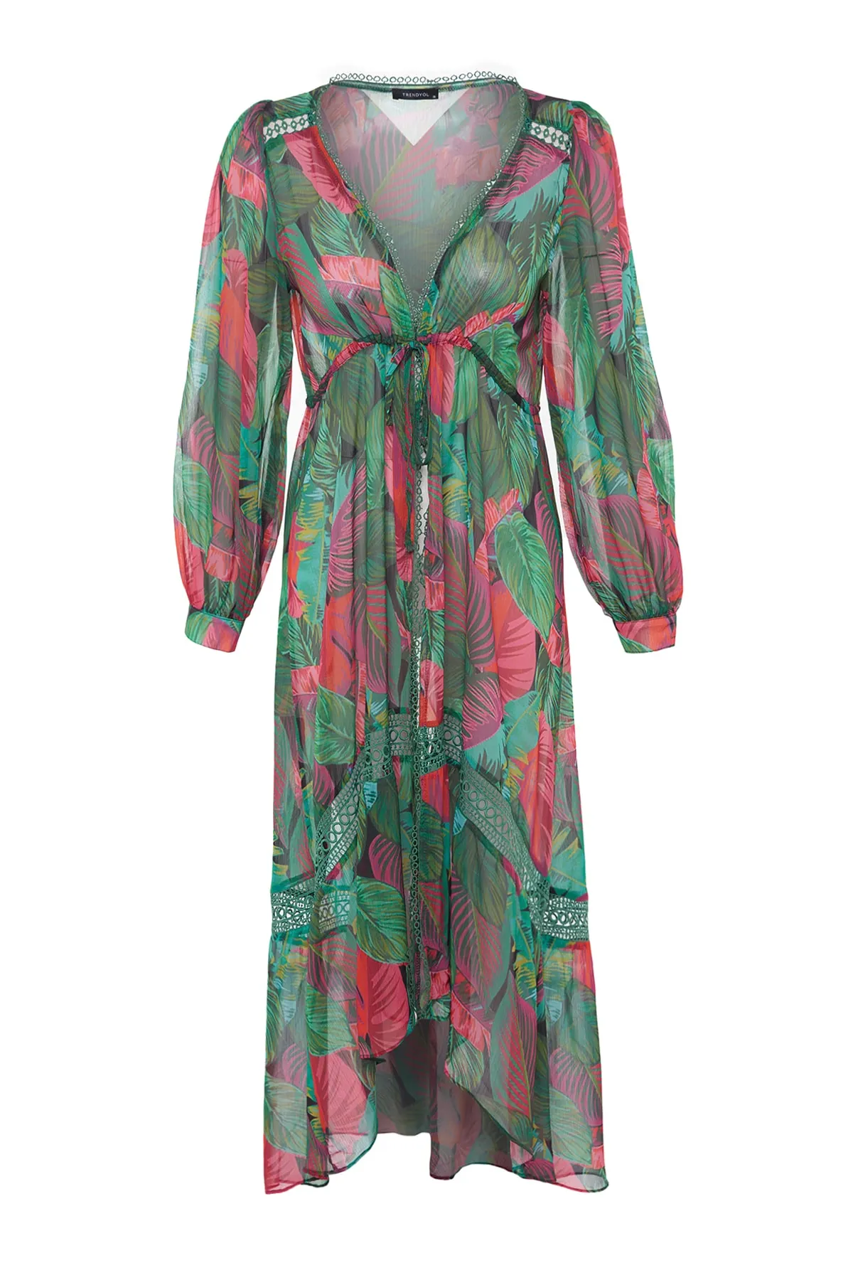 Trendyol Collection  Tropisch gemusterter Maxi-Kimono und Kaftan aus gestricktem Chiffon mit Streifen-Accessoires TBESS23KM00002