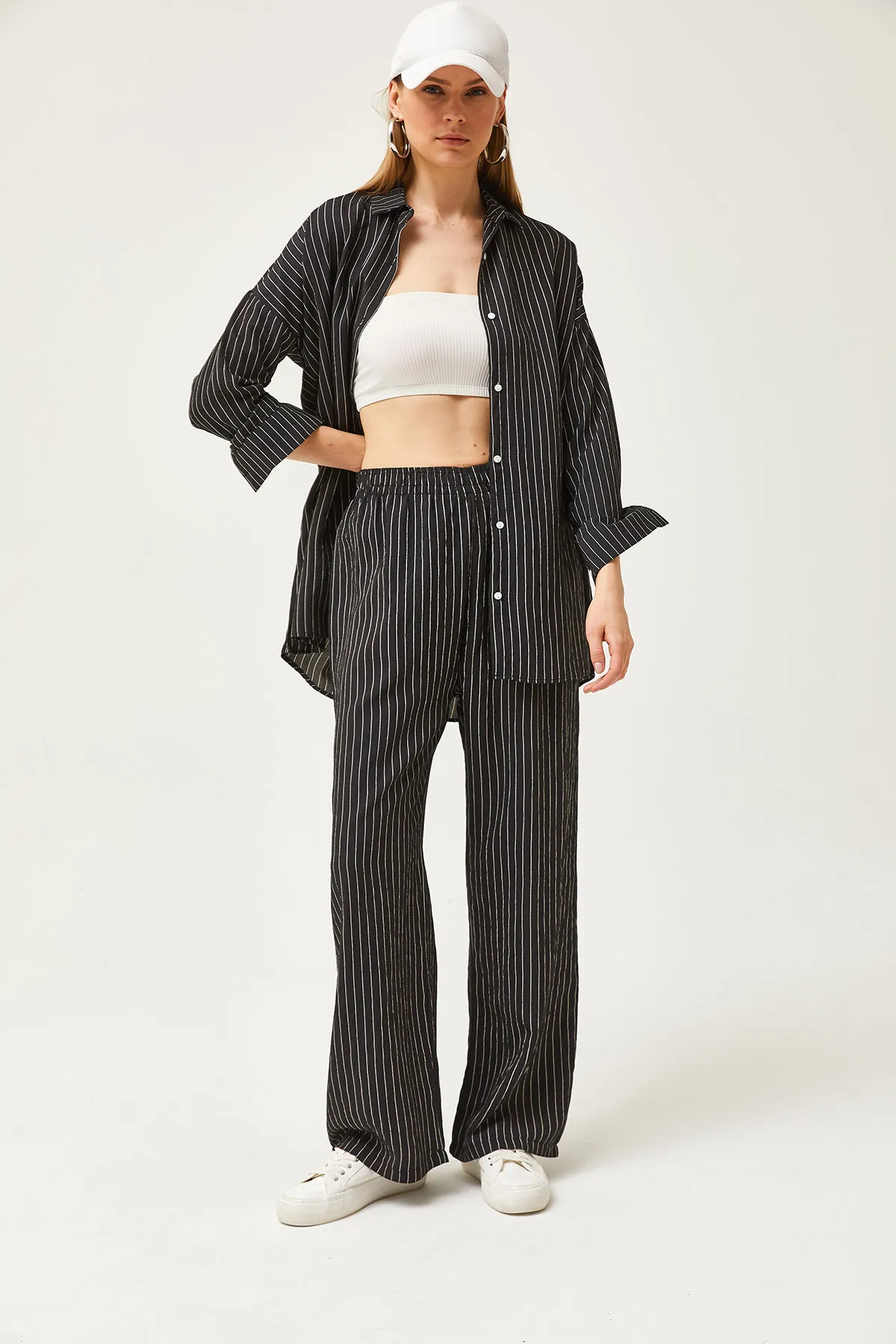 Olalook  Schwarzes gestreiftes Hemd-Hosen-Set für Damen TKM-19000282