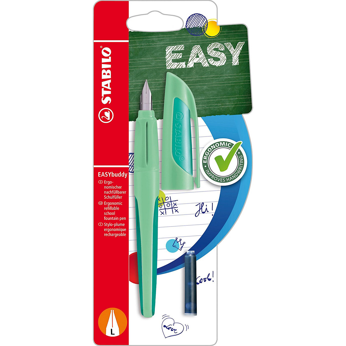 Schulfüller EASYbuddy L-Feder Linkshänder Pastel Hauch von Minzgrün, inkl. Patrone