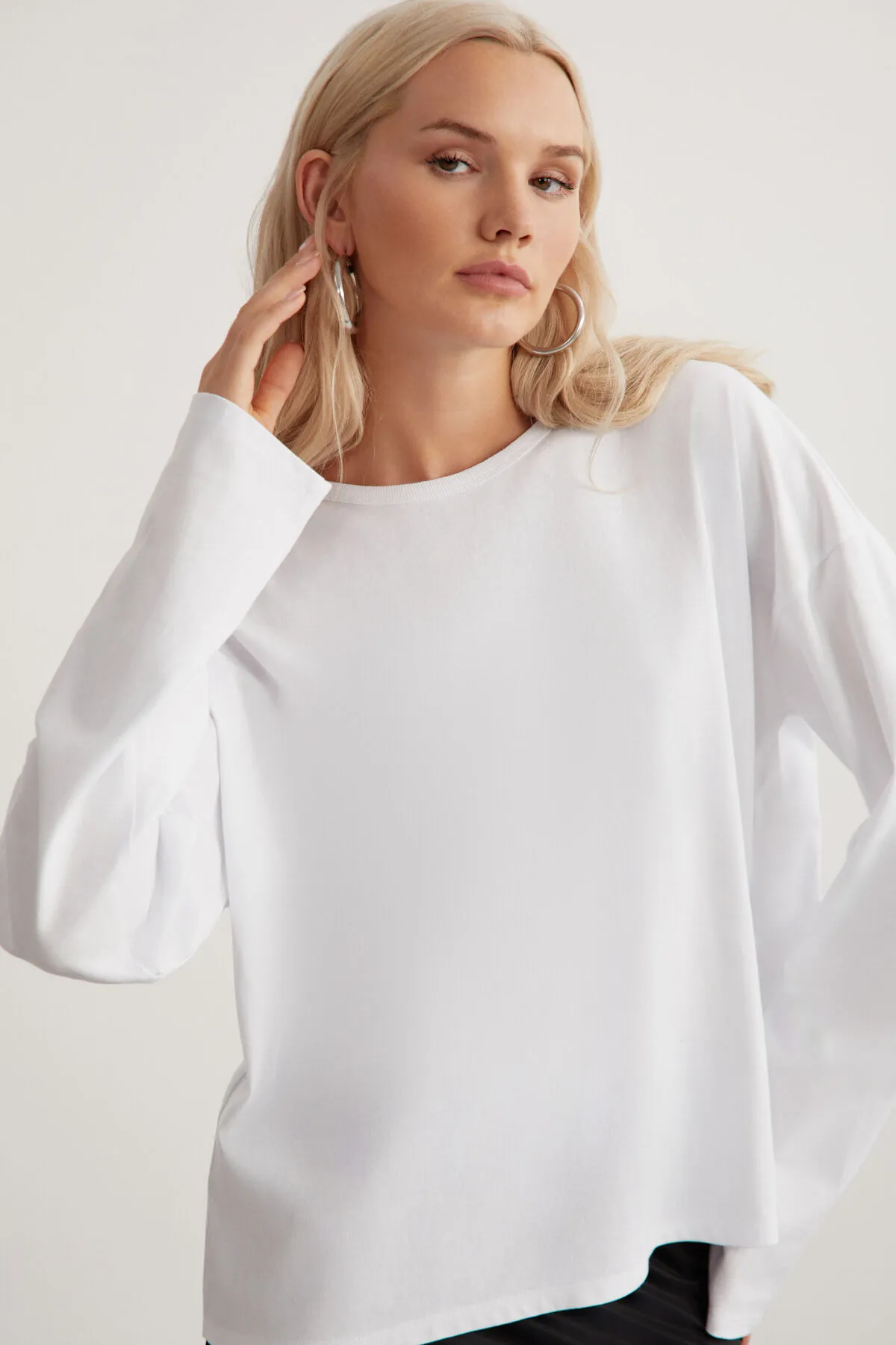 GRIMELANGE  Basıl Damen-T-Shirt aus 100 % Baumwolle, Rundhalsausschnitt, Oversize-Passform, langärmlig, weiß