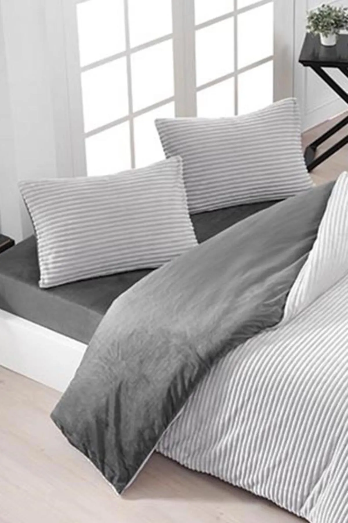 Çeyiz Diyarı  Merino Cord-Bettbezug-Set für Doppelbett, Hellgrau