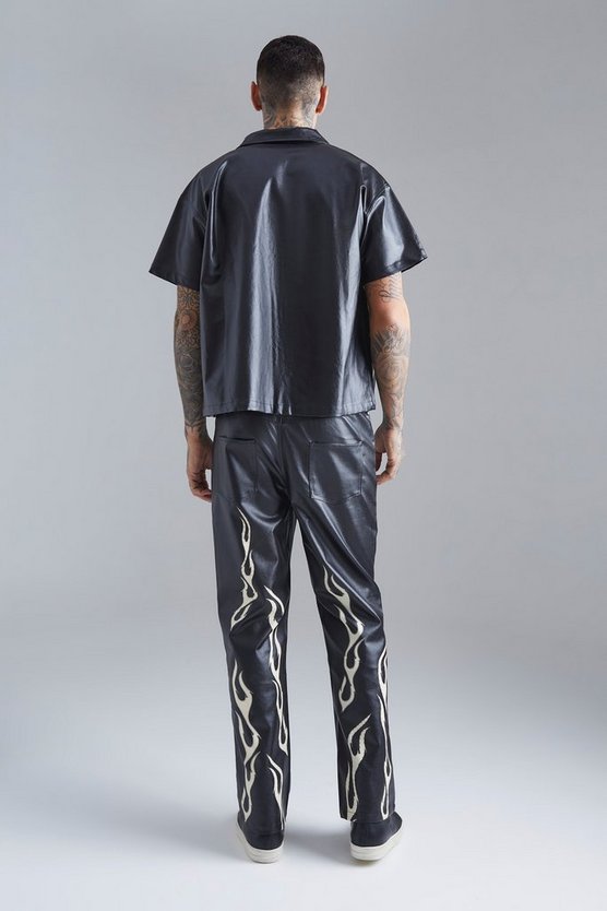 PU-Hose mit geradem Bein und Flammen-Saum