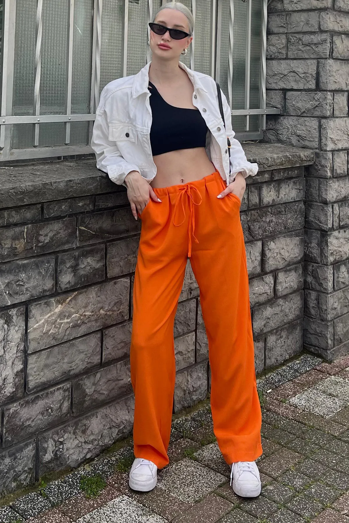 Madmext  Orange Crinkle-Stoff Basic Damen-Strandhose Mg1778