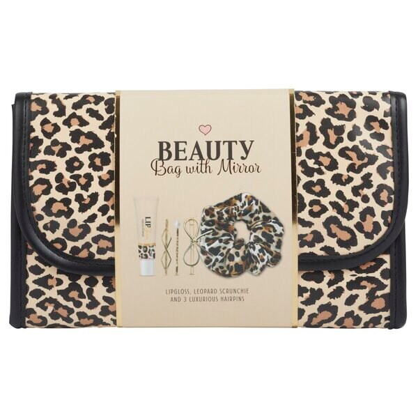 Neceser con espejo y set de regalo con estampado de leopardo.