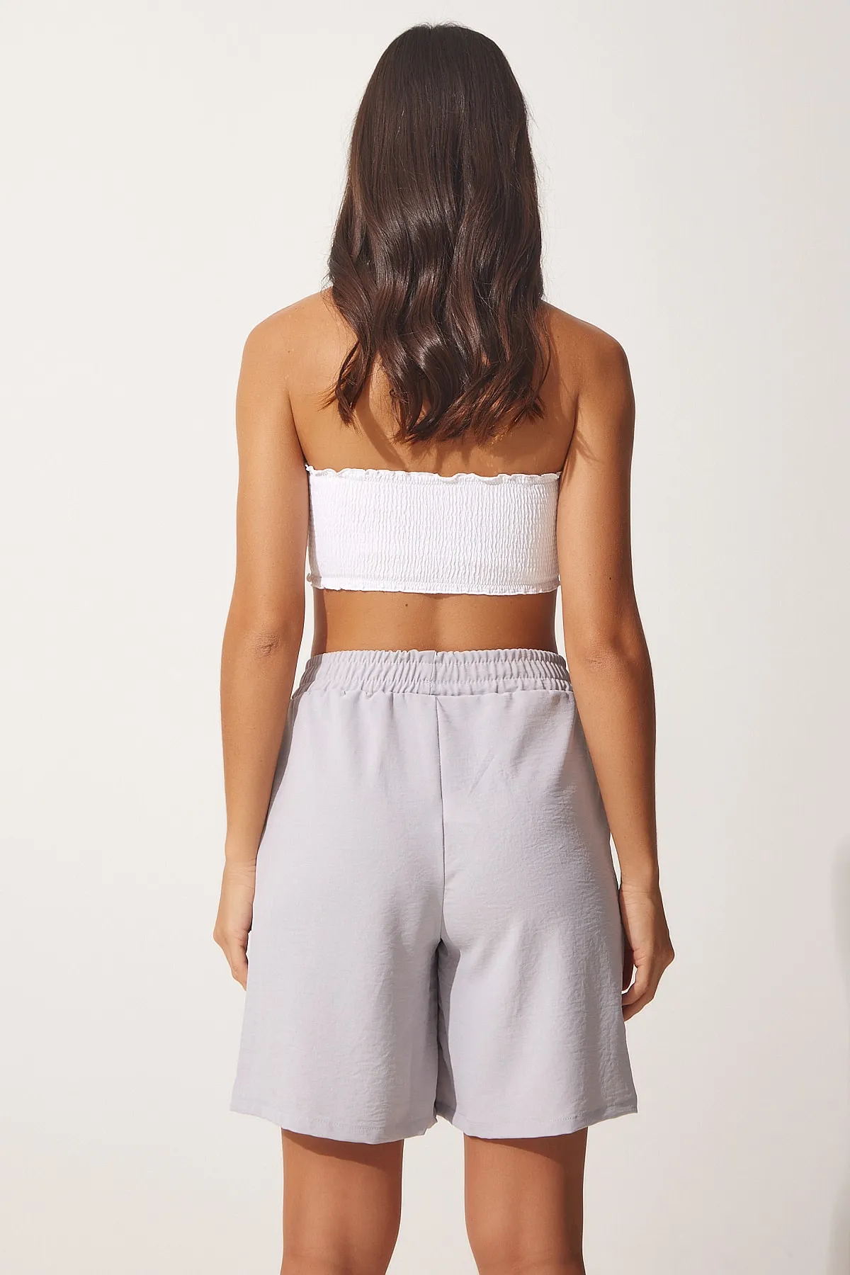 Happiness İstanbul  Graues fließendes Ayrobin Kimono-Shorts-Set für Damen DZ00053