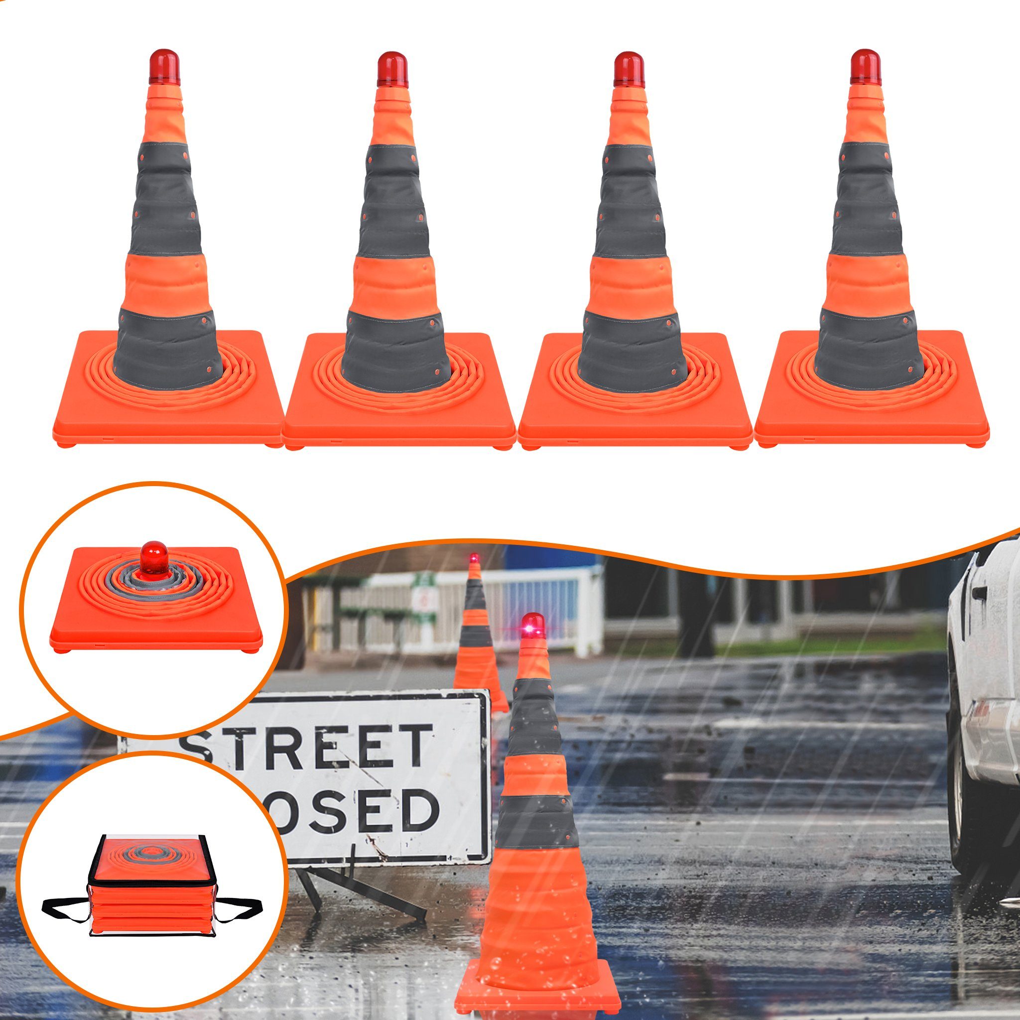 AUFUN Pylone Warnleitkegel Pylon Faltkegel 70cm, Warnkegel in Orange 4/8/16 Stück (Warnkegel Faltkegel Verkehrsleitkegel Markierungshütchen Mehrzweck, 4 St), 28 Zoll Zusammenklappbare Verkehrskegel Sicherheitskegel