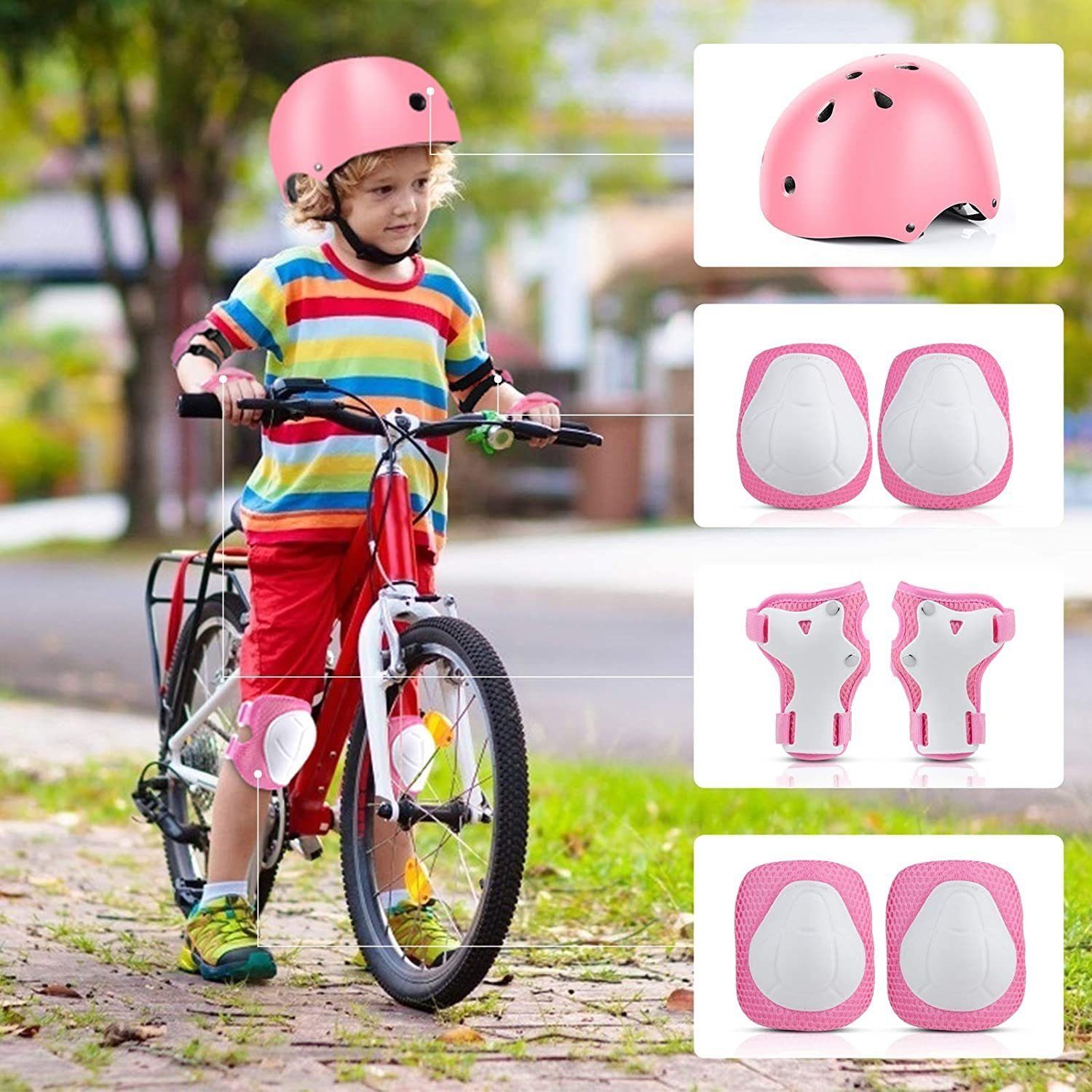 AROMUJOY Kinderfahrradhelm 7 in 1 Kinder Skaterhelm mit Knieschoner Ellenbogenschoner (Pflegeleicht, zur Reinigung abnehmbar), Kopfumfang 50-54CM